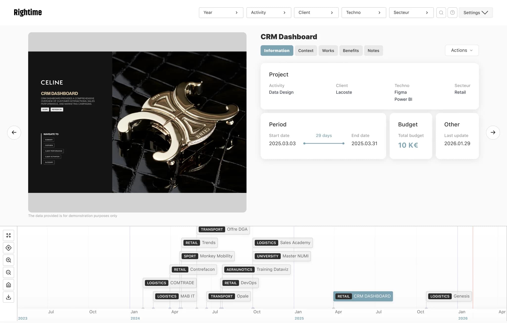 Rightime desktop interface showing project timeline